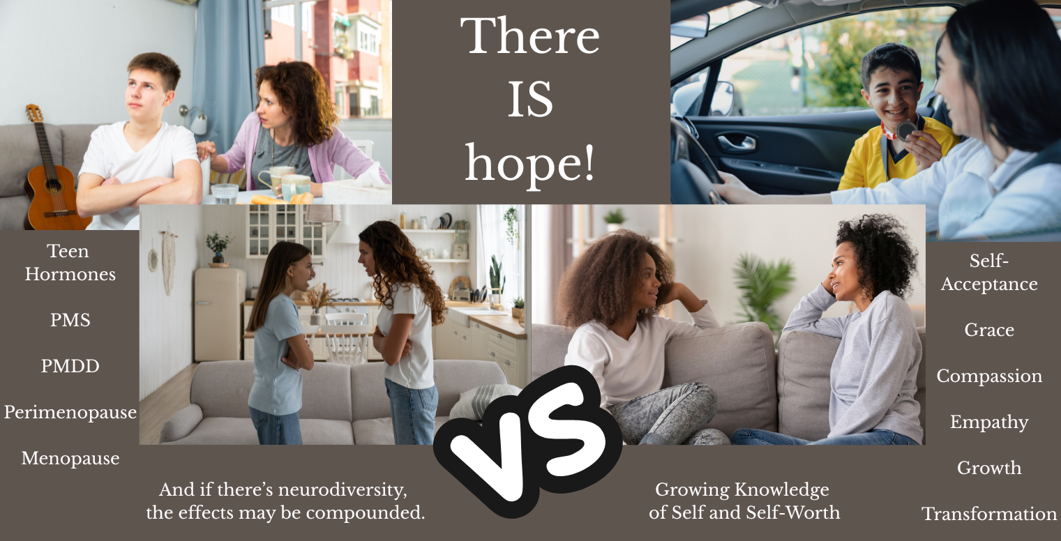 Moms and teens not getting along with words describing why, vs. getting along and why