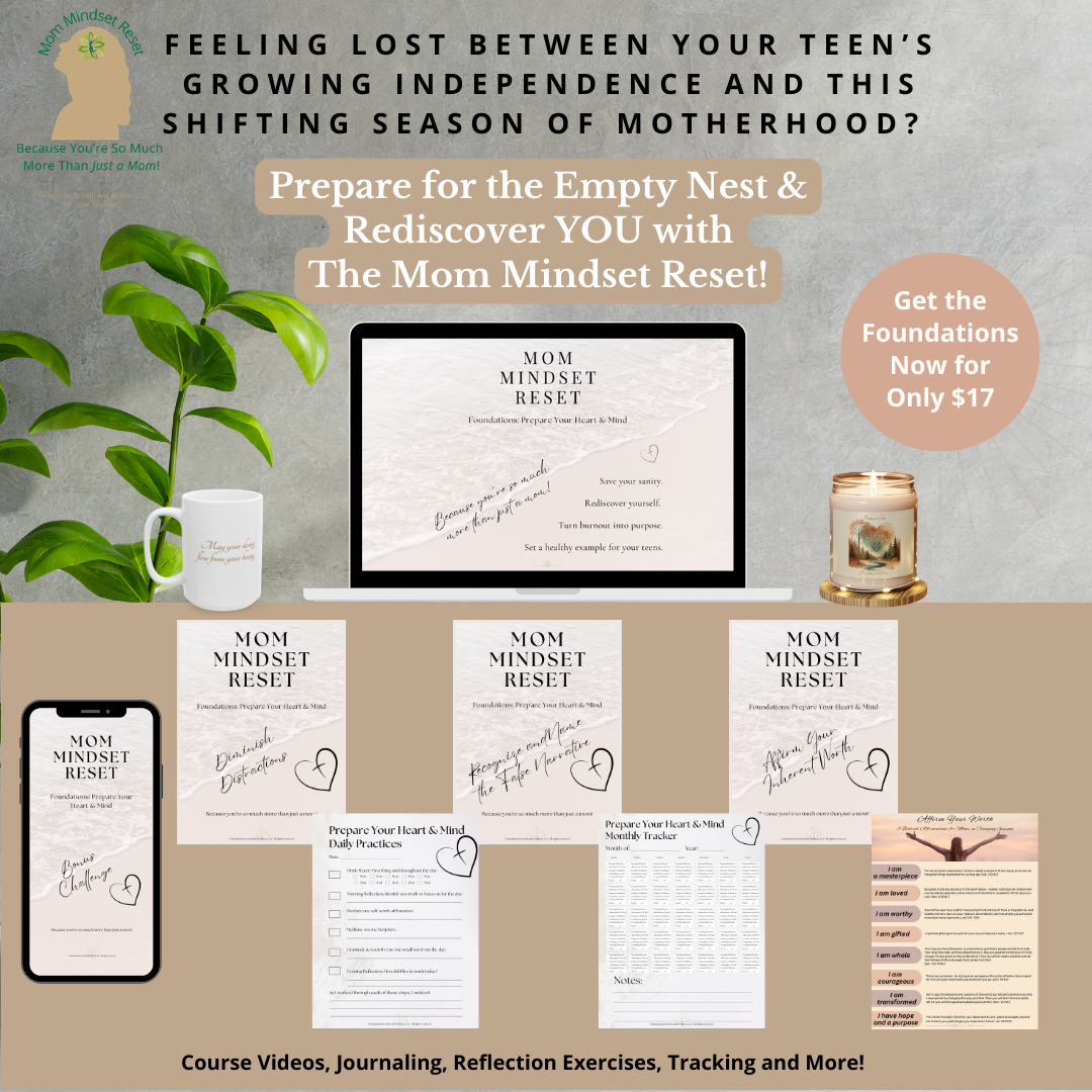 A graphic of the Mom Mindset Reset Foundations program on a computer and phone, with worksheets, a plant, a coffee mug and a calming candle.