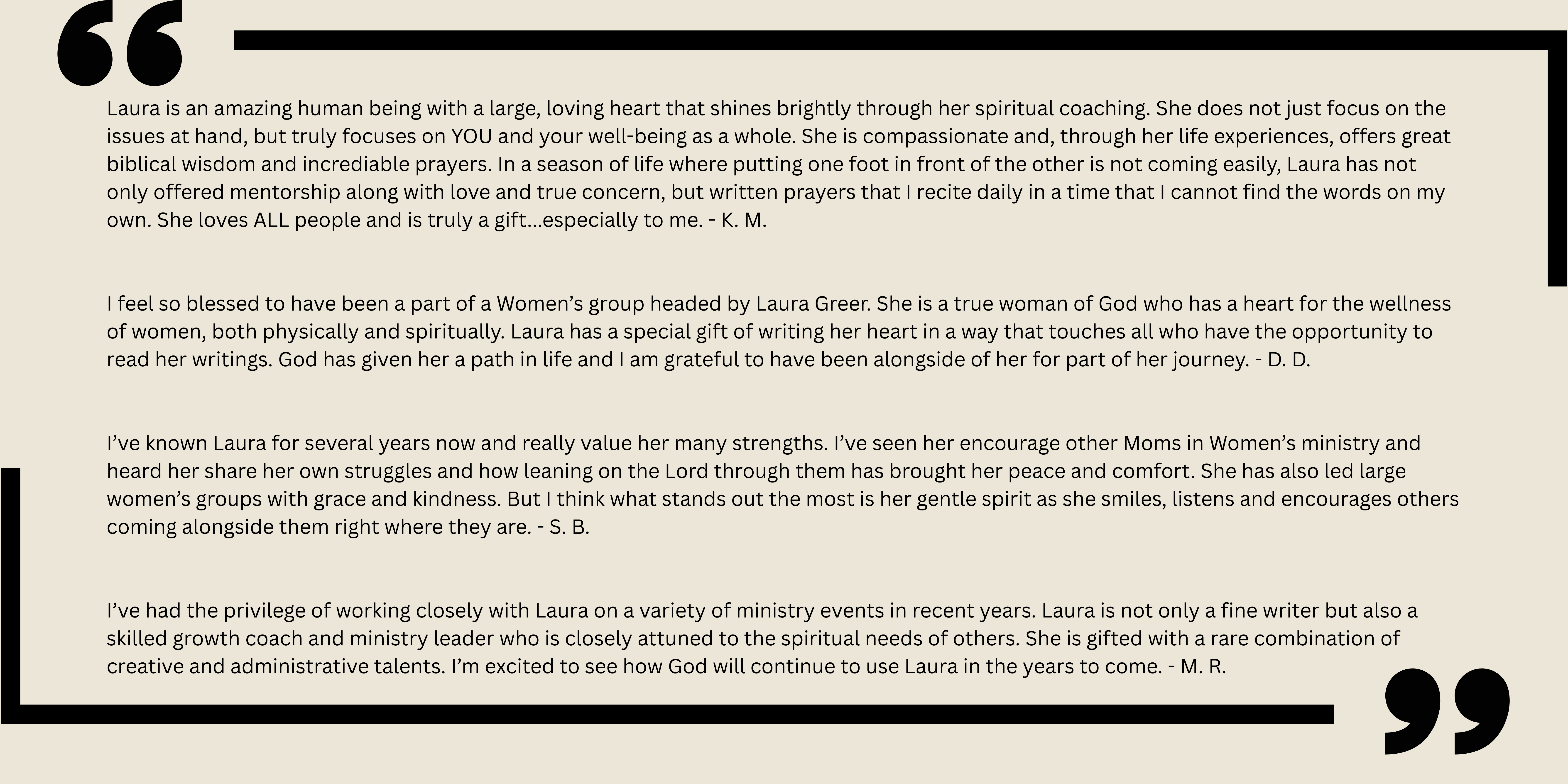A box of quoted testimonials of Laura Greer's life coaching.