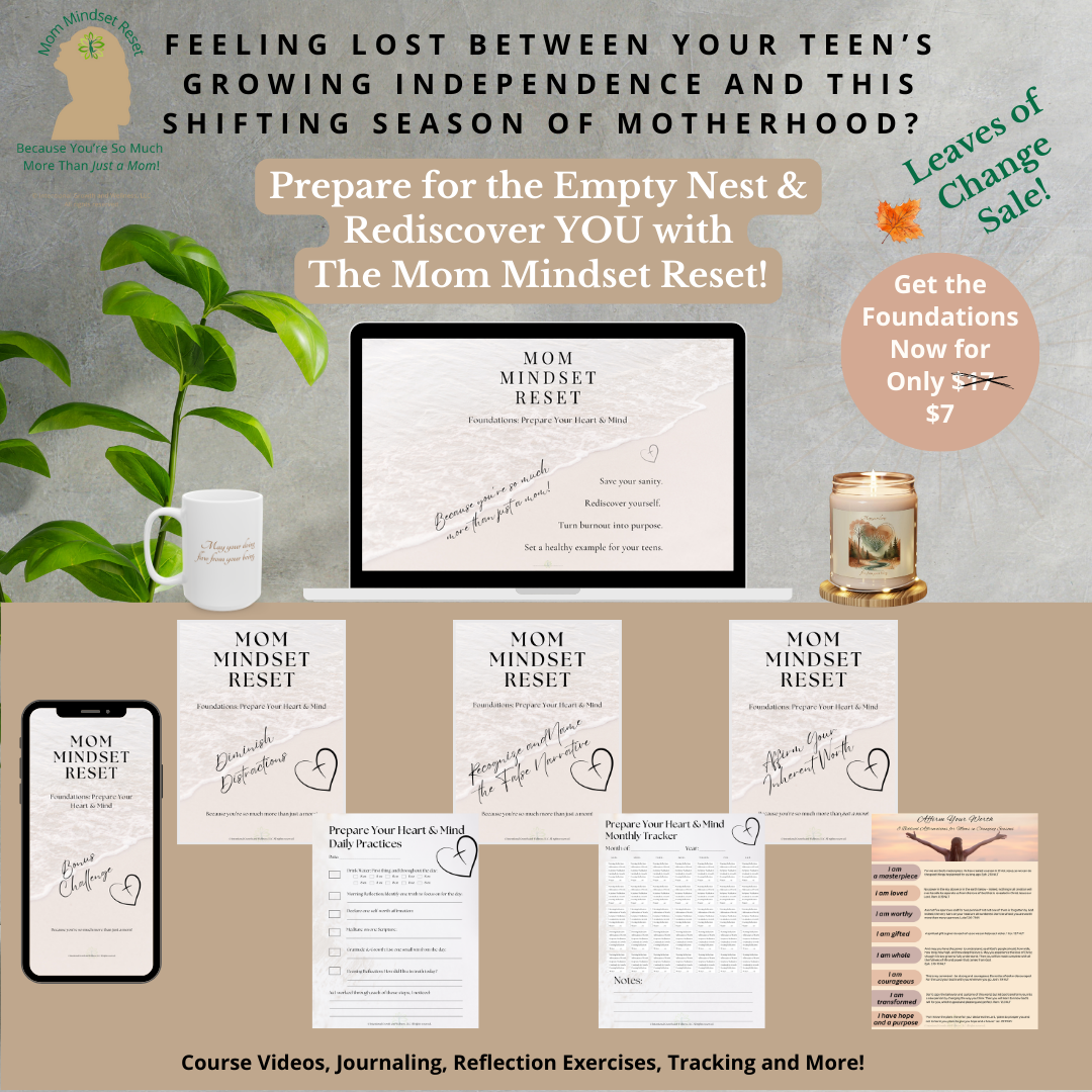 A graphic of the Mom Mindset Reset Foundations program on a computer and phone, with worksheets, a plant, a coffee mug and a calming candle.
